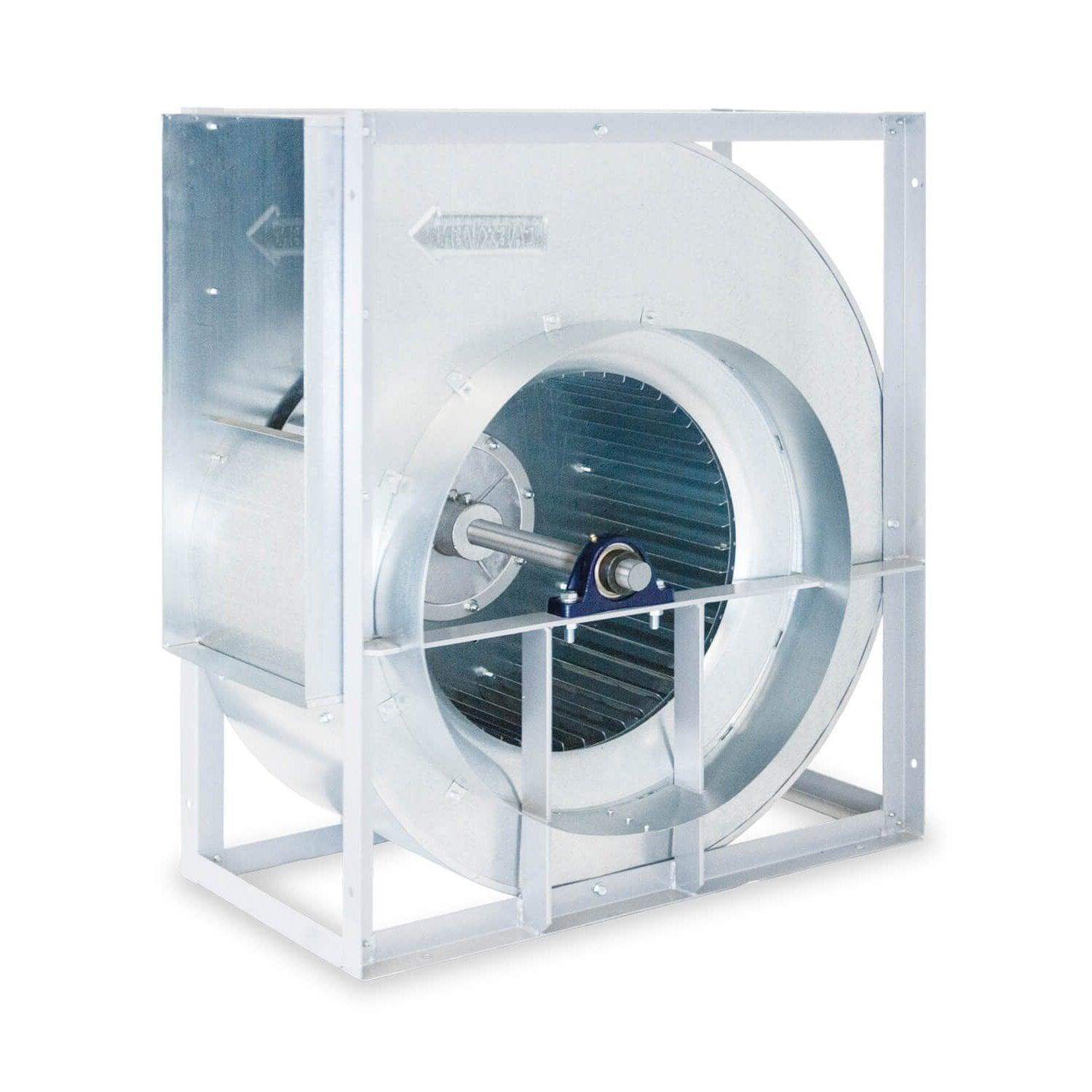 Ventiladores centrífugos 400º C/2h de simple aspiración sin motor, con salida de eje y turbina metálica con álabes hacia adelante.