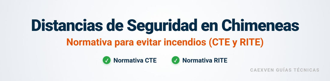 Esquema técnico de chimenea metálica con distancias de seguridad según normativa CTE y RITE