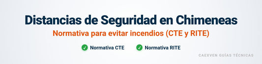 Esquema técnico de chimenea metálica con distancias de seguridad según normativa CTE y RITE