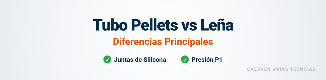 Cabecera comparativa sobre tubos para estufa de pellets con juntas de silicona frente a tubos de leña.