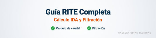 Cabecera de la guía técnica completa sobre normativa RITE, cálculo de caudales y selección de filtros de aire.