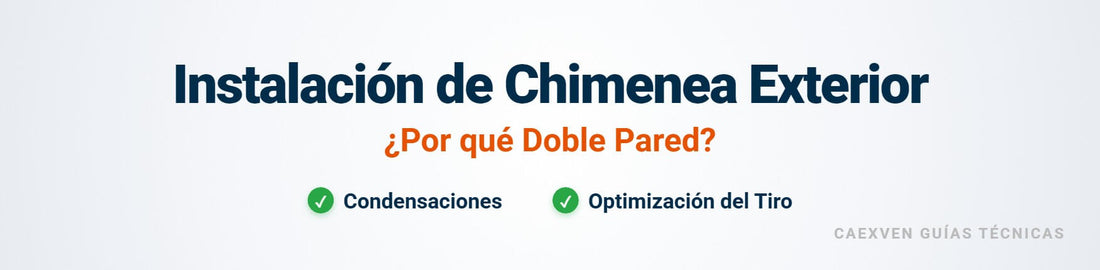 Cabecera del artículo técnico sobre instalación exterior de chimeneas: por qué usar tubo de doble pared aislado para evitar la condensación y corrosión.