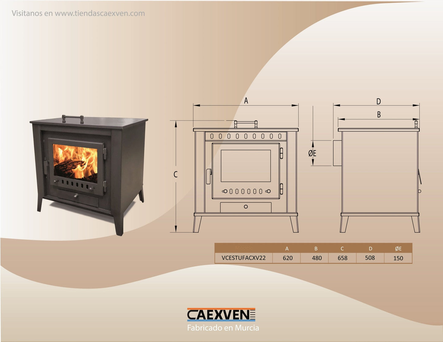 Estufa de leña con Horno, Acero al carbono, Modelo CAEXVEN22